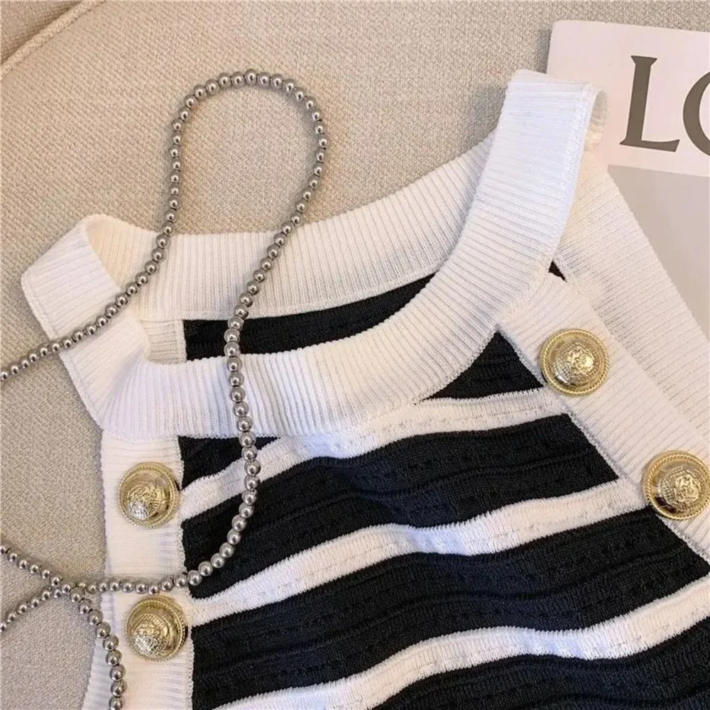 DAIMARAN Ghana Women's Tank Top Blouse Halter Slim Striped Sleeveless Black S - Picture 3 of 5